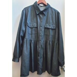 CHICSOUL Dress Babydoll Black Denim 1X Tiered Full Snap Long Slv Collar Pockets